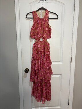 Shein Pink Floral Cutout Maxi Ruffle Dress Size Small